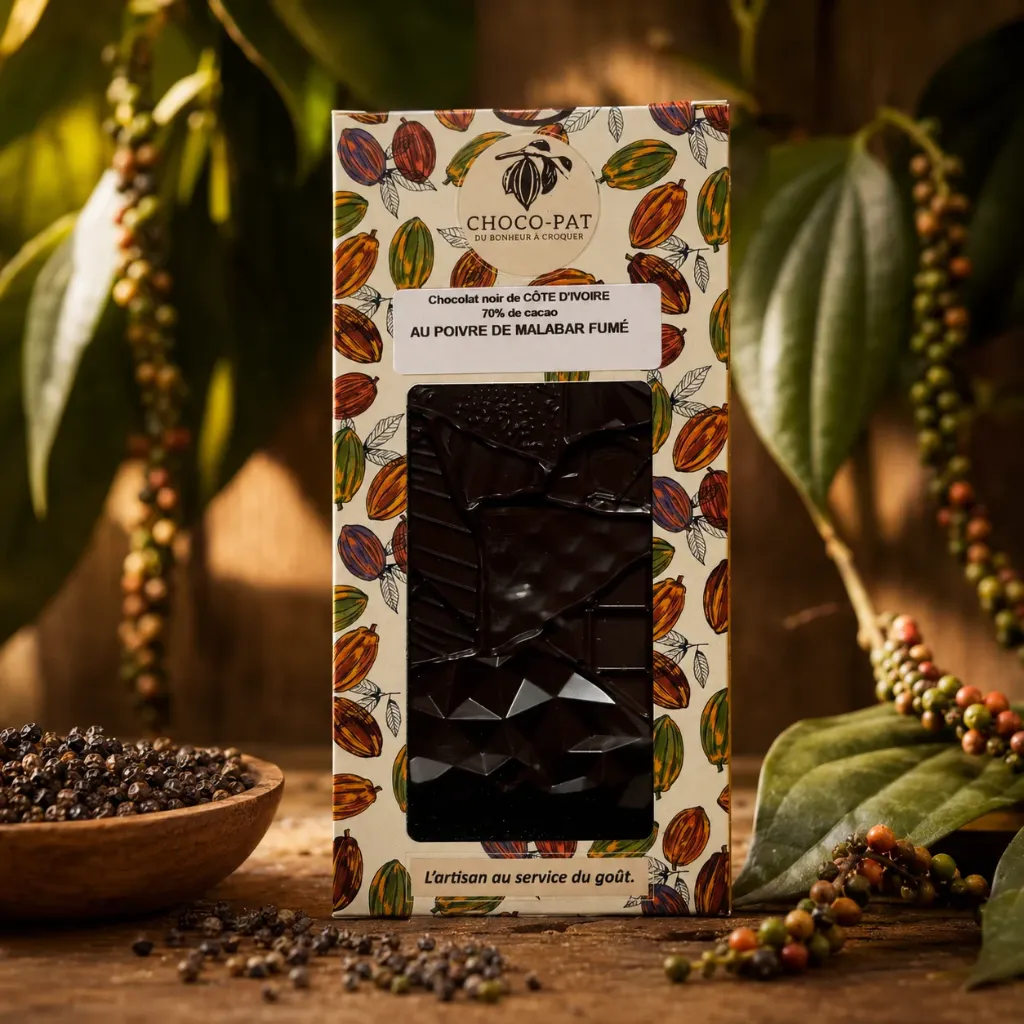 [CHOCO-021] Tablette Chocolat noir 70% de cacao au poivre de Malabar fumé