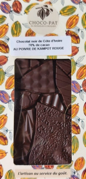 [CHOCO-020] Tablette Chocolat noir 70% de cacao au poivre de Kampot rouge