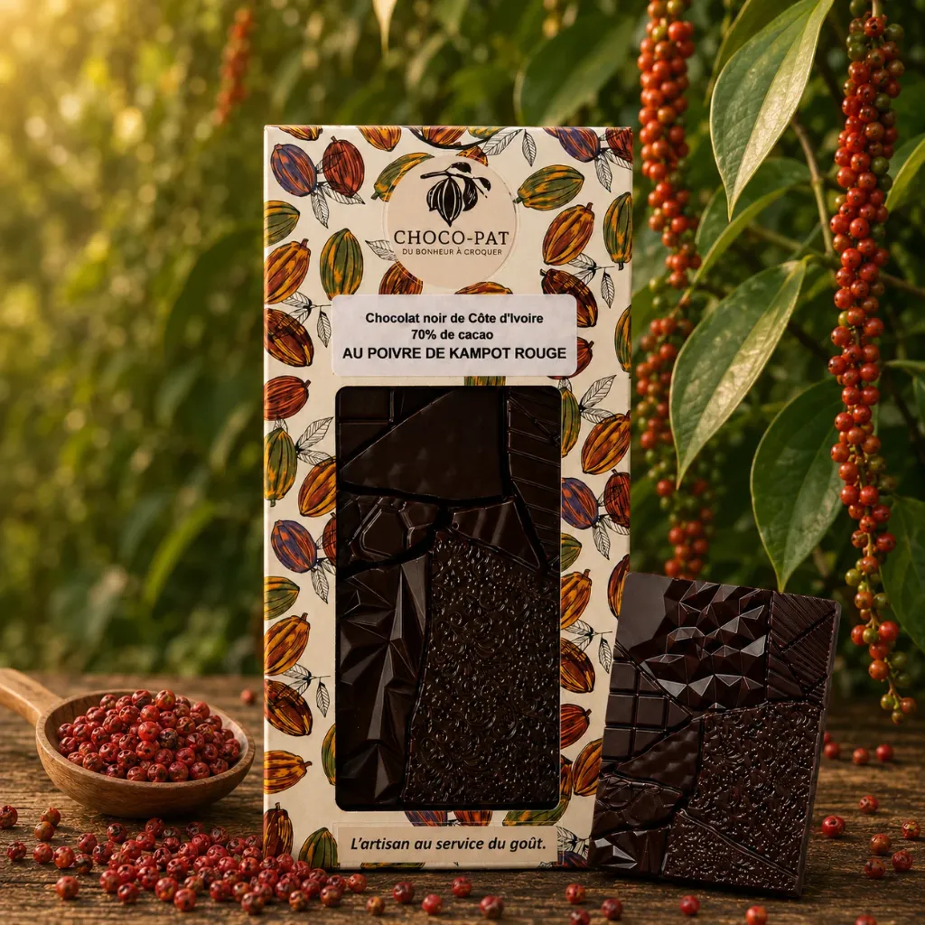 [CHOCO-020] Tablette Chocolat noir 70% de cacao au poivre de Kampot rouge