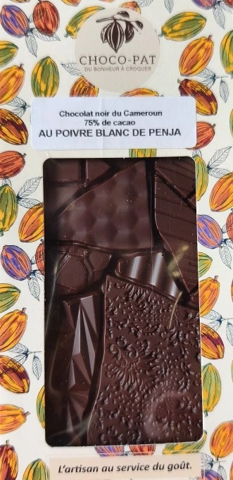 Chocolat noir 75% de cacao au poivre blanc de Penja