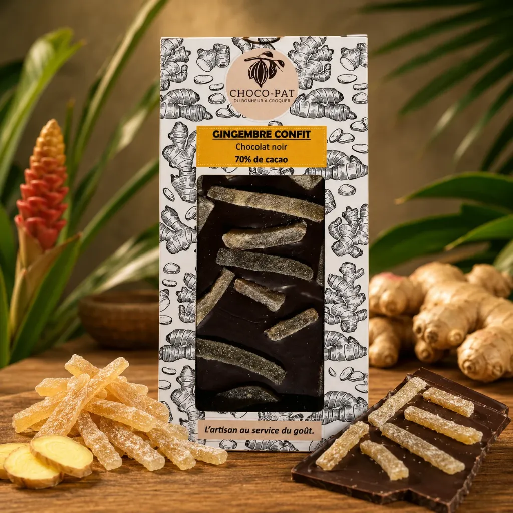 Tablette de chocolat noir  70% au gingembre confit